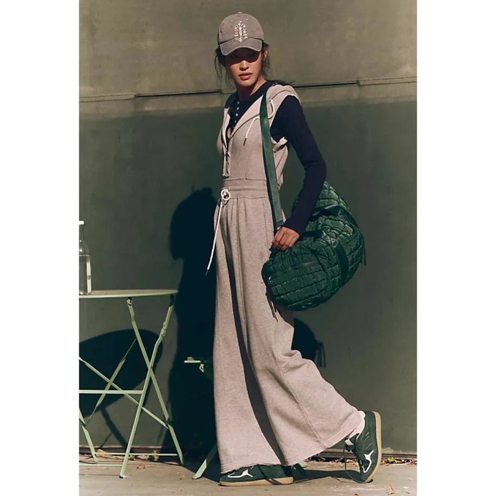 New Free People Movement Hooded Wide-Leg Jumpsuit Sweat Makin It Grey XS